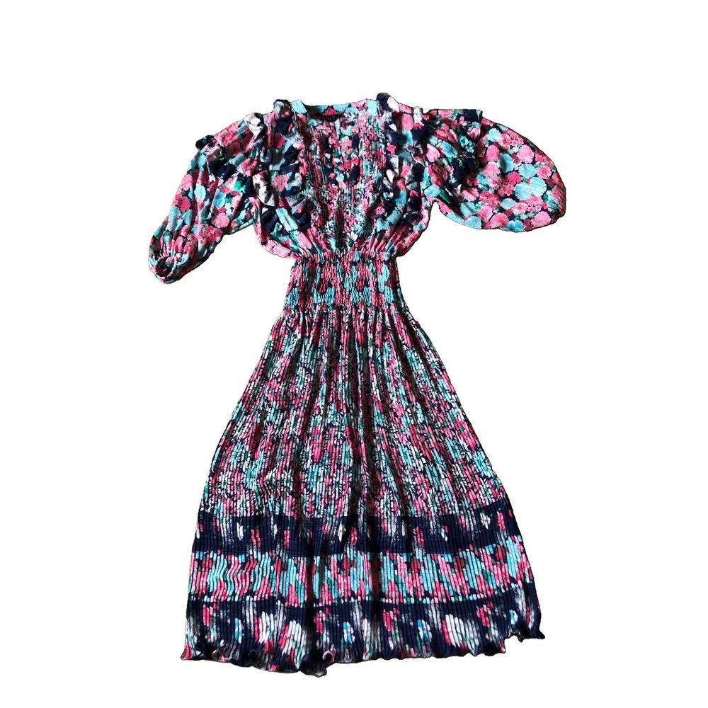 Vintage Diane Freis Floral Smocked Midi Dress Boho Cottagecore Hong Kong XS/S